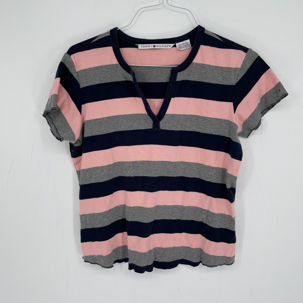 Tommy Hilfiger Y2K Women's Pink Striped Split Neck Short Sleeve T-Shirt Size  XL